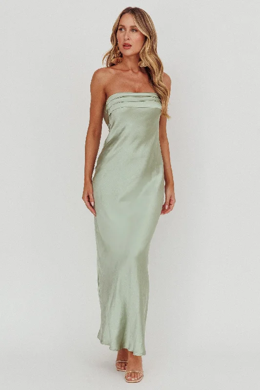 Chic Casual Wardrobe Essentials Kona Strapless Pleated Bust Satin Maxi Dress Sage