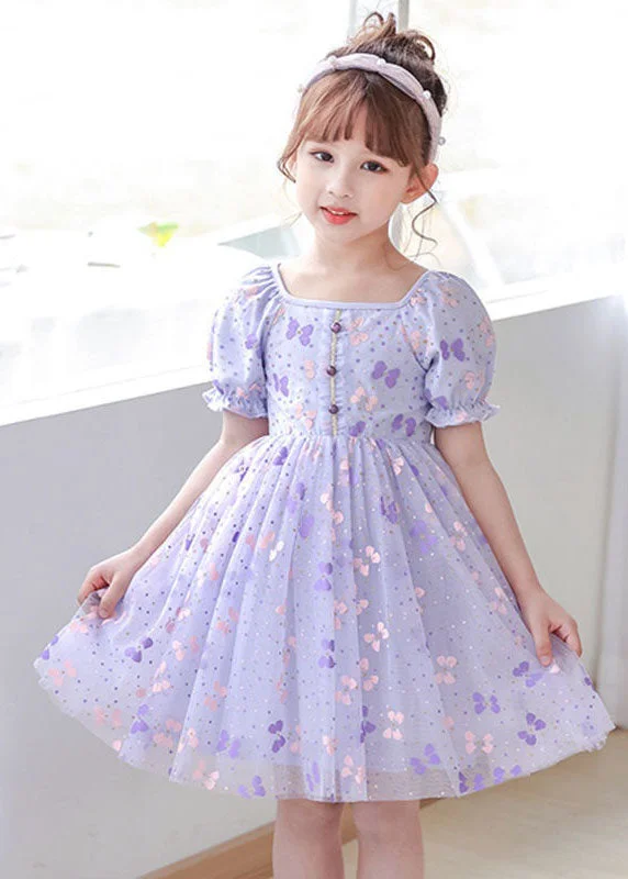 Clearance Sale DIY Purple Square Collar Wrinkled Print Patchwork Tulle Baby Girls Dresses Summer