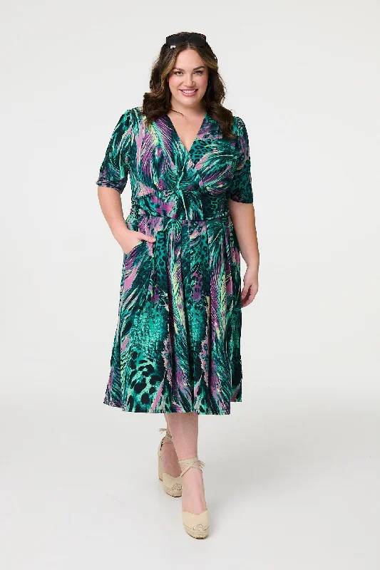 Attire Sale Feather Print 1/2 Sleeve Wrap Midi Dress