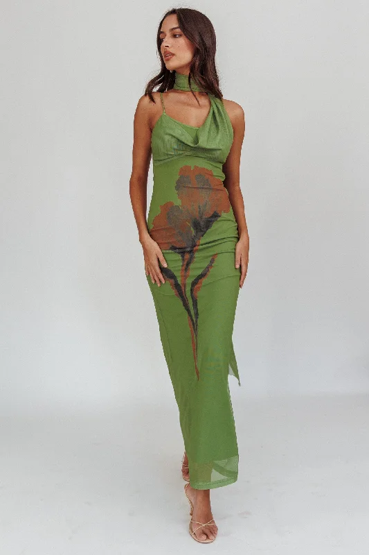 Chic & Cozy Collection No Surprises Scarfed Floral Maxi Dress Green