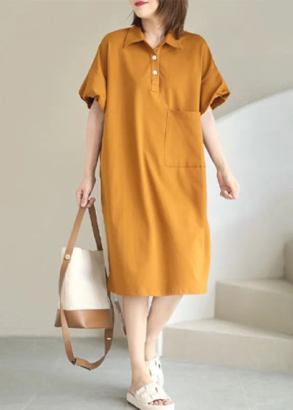 Online Boutique Clothing Style Orange Peter Pan Collar Pocket Cotton Maxi Dresses Summer