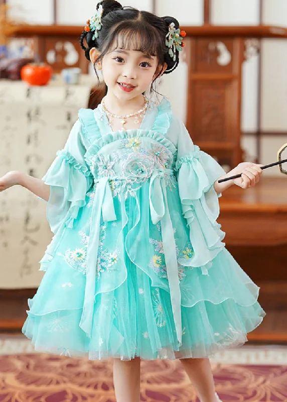 Unleash Your Trend Driven Style Fine Green Embroideried Patchwork Tie Waist Tulle Baby Girls Mid Dress Flare Sleeve