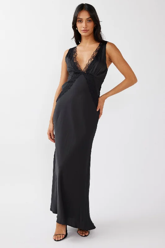 Exclusive Discount Ivonne Lace Trim V-Neck Maxi Dress Black