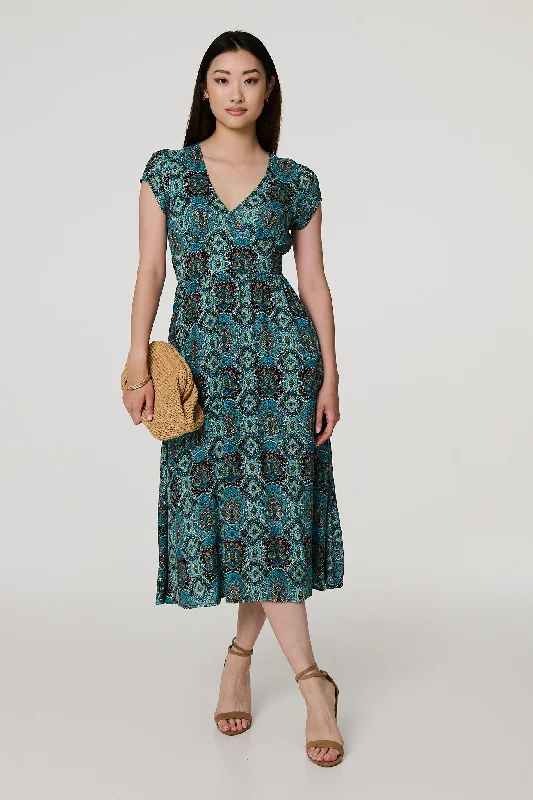 Fashion Deal Printed V-Neck Cap Sleeve Midi Dress