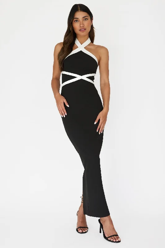 Cutting Edge Fashion Eleganza Halterneck Contrast Maxi Dress Black