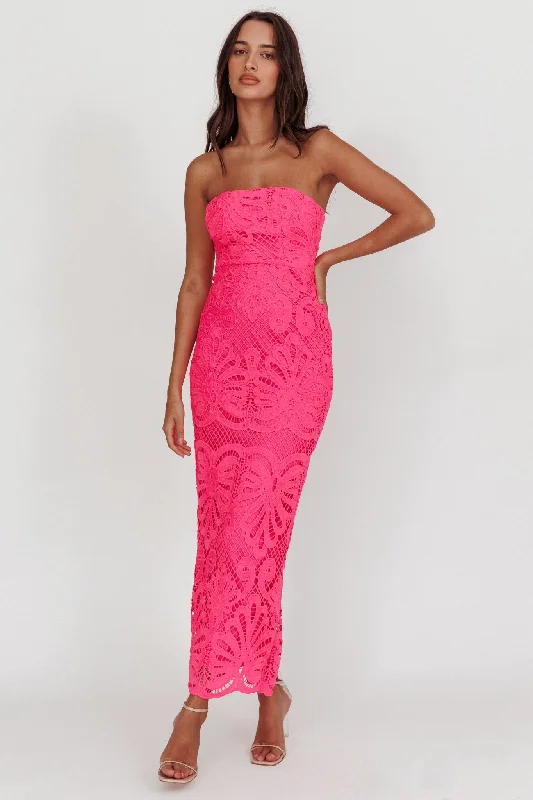 Absurdly Cheap Sale Bia Strapless Lace Embroidered Maxi Dress Hot Pink