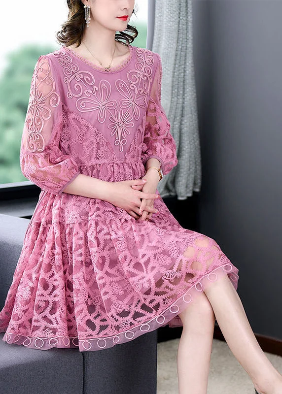 Casual Dresses for Women Women Pink Embroideried Tie Waist Lace Mid Dress Bracelet Sleeve