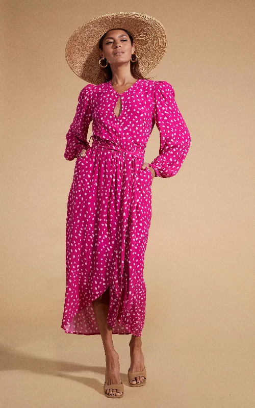 Chic Trend Collection Mabel Midaxi Mock Wrap Dress in Odd Dot Pink on Magenta