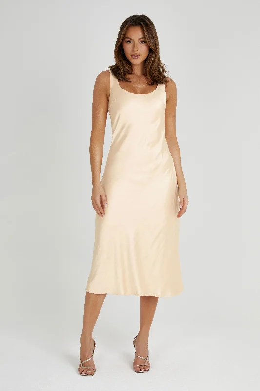 Unique Women's Fashion Pieces Tamara Satin Iridescent Slip Midi Dress - Apricot