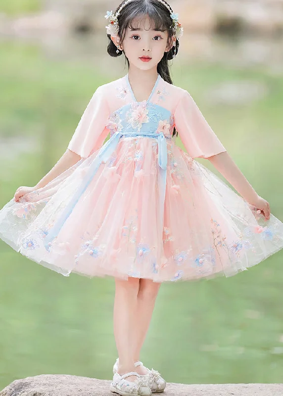 Gorgeous Glamour Collection Modern Pink Patchwork Tie Waist Floral Tulle Girls Mid Dresses Short Sleeve