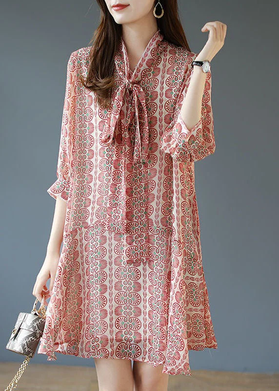 Trendy Casual Outfits Italian Pink Bow Print Patchwork Chiffon Mid Dress Summer