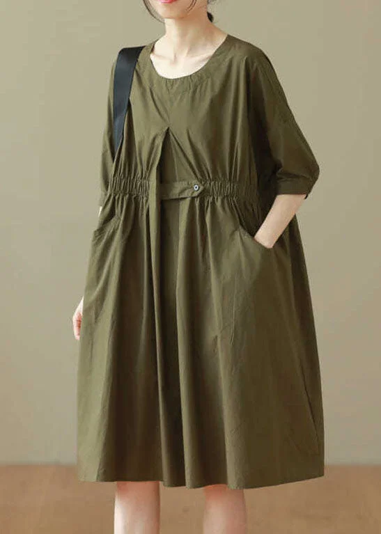 Elegant Styles Casual Army Green O Neck Patchwork Cotton Mid Dresses Summer