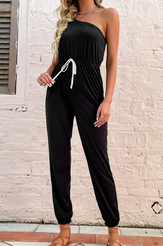 Vintage Fashion One-Shoulder Drawstring Waist Jogger Jumpsuit