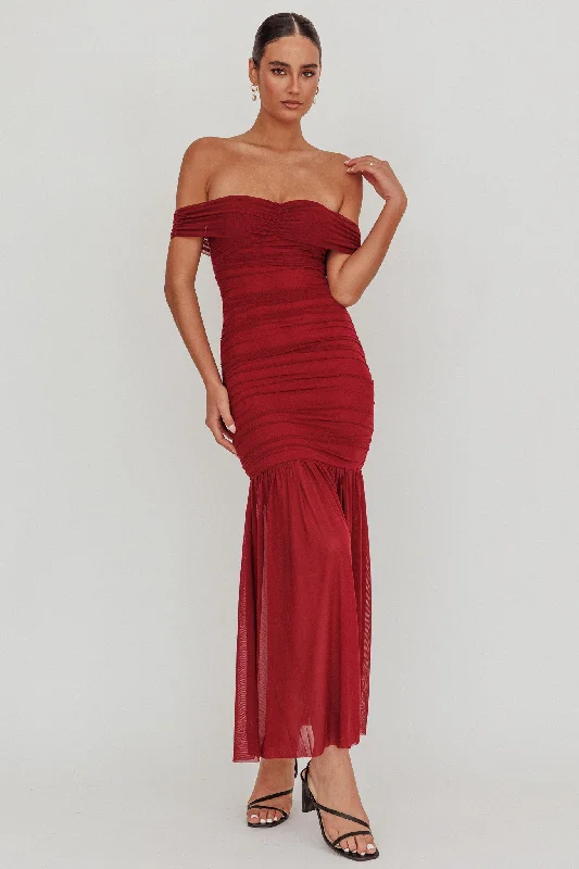 Daily Deals La Salle Off Shoulder Mesh Maxi Dress Wine