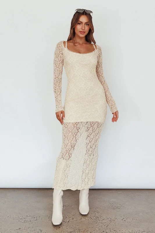 Evening Elegance Happy Place Long Sleeve Crochet Midi Dress Beige