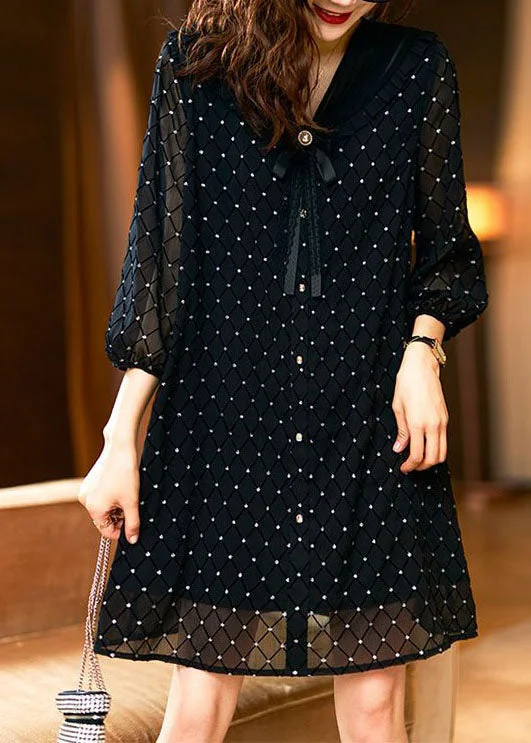 Premium Quality Garments Stylish Black Bow Print Patchwork Chiffon Mid Dress Summer