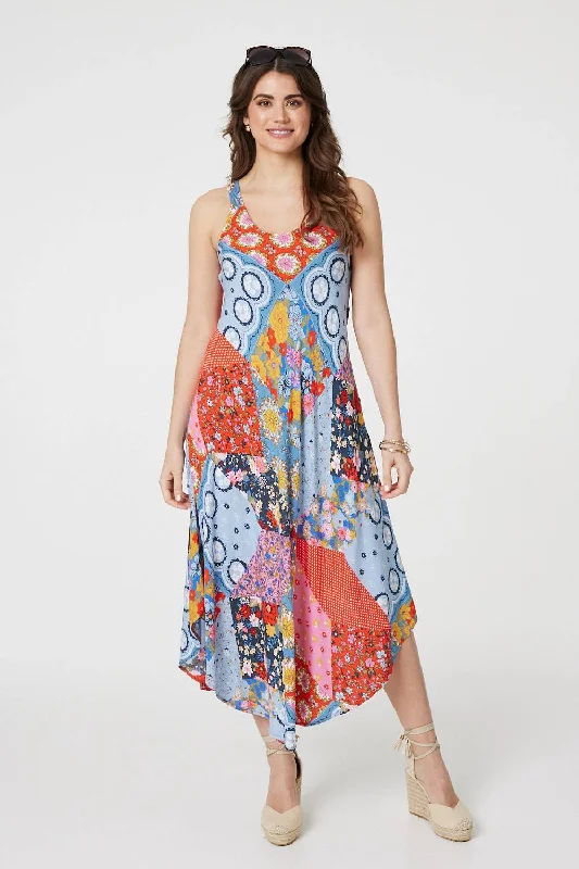 Versatile Women's Clothing for All Occasions Patchwork Print Sleeveless Midi Dress