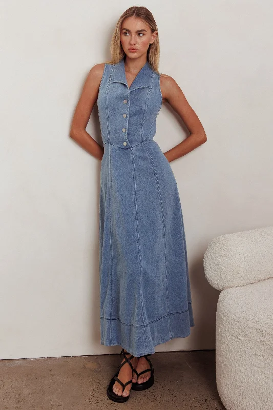 Women's High Street Fashion Entertain Me Sleeveless A-Line Maxi Dress Denim Blue