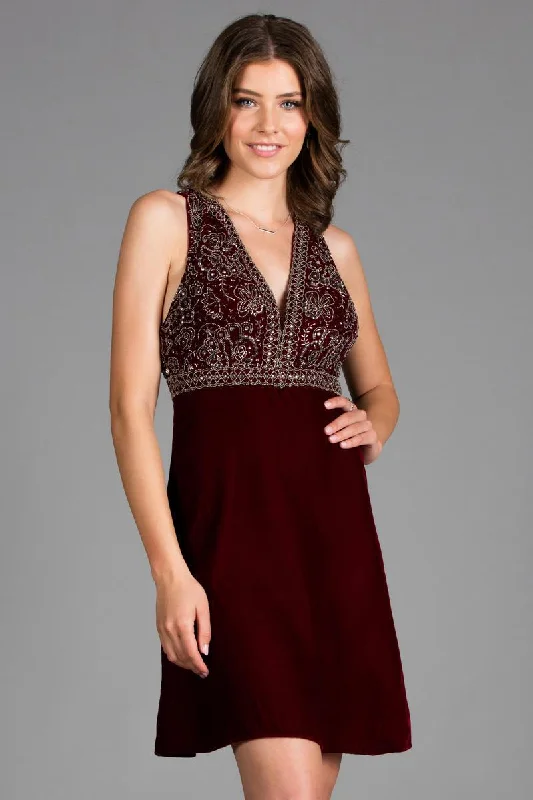 Clothing For Women SCALA - 48913 Beaded Plunging V-neck Velvet A-line Dress