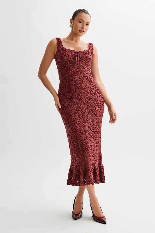 Chic Style, Always In Vogue Sylvie Frill Knit Midi Dresses - Wine