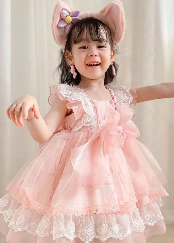 Trendy And Individual Women's Fashion Unique Pink Ruffled Lace Cartoon Print Tulle Baby Girls Princess Dress Summer