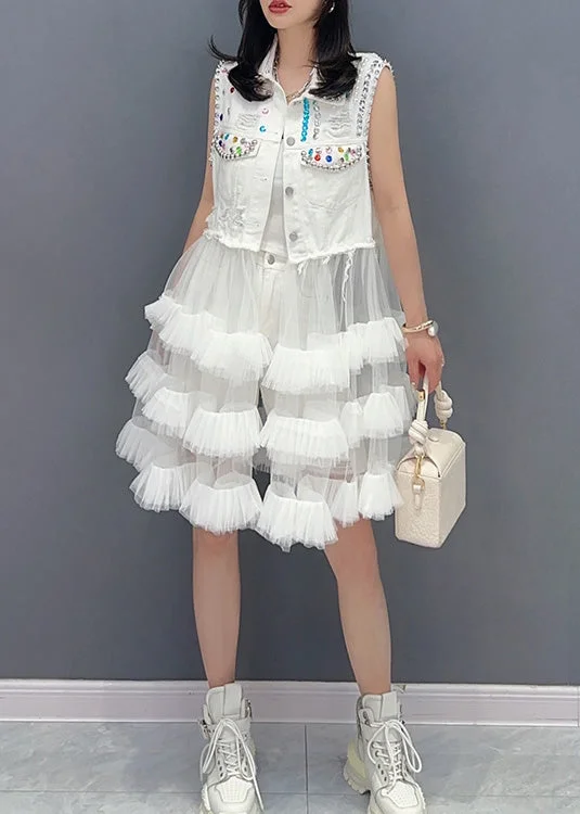 Daily Essentials DIY White Peter Pan Collar Print Waistcoat Patchwork Tulle Party Mid Dress Sleeveless