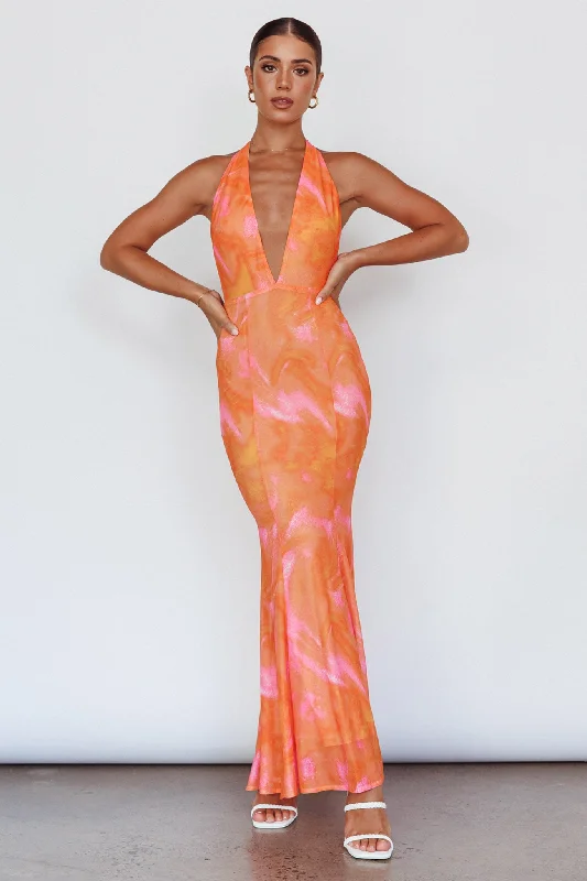 High-End Women's Apparel Mayah Halterneck Maxi Dress Printed Orange