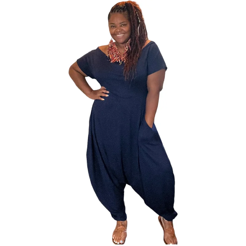 Eclectic Fashion Women'S Plus Navy Off the Shoulder Harem Jumpsuit