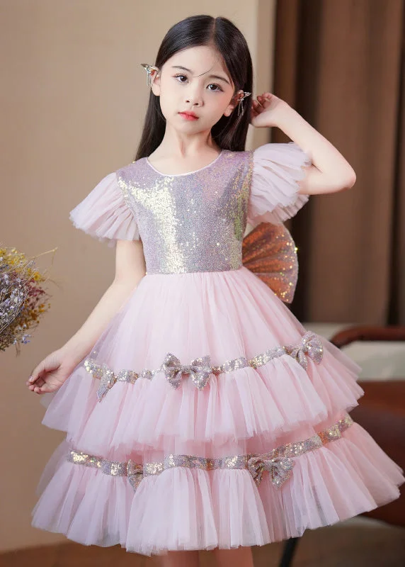 High End Women's Wear Stylish Pink Sequins Patchwork Bow Exra Large Hem Tulle Baby Girls Maxi Dresses Summer