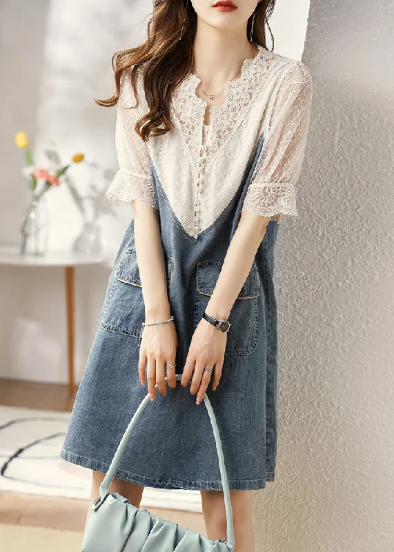 Women's Seasonal Fashion Trends Italian Blue V Neck Lace Patchwork Fake Two Pieces Denim Mid Dresses Summer