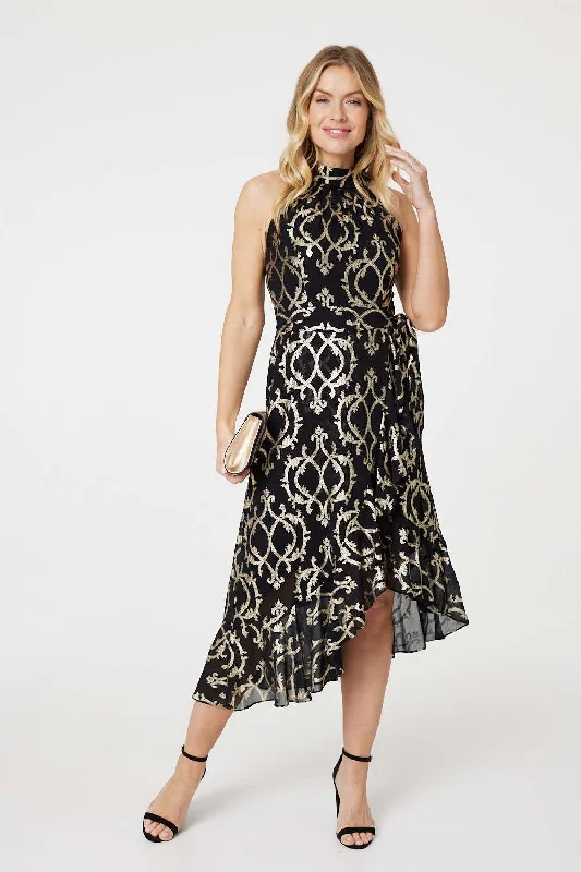 Daily Deals Printed High Low Halter-Neck Midi Dress