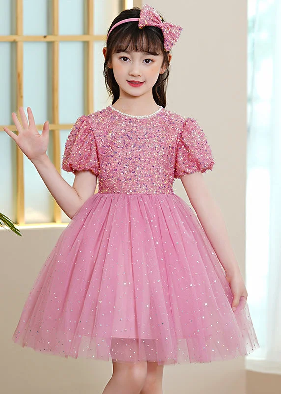 Trendy Boutique Online Pink Patchwork Tulle Kids Girls Maxi Dresses Sequins Exra Large Hem Puff Sleeve