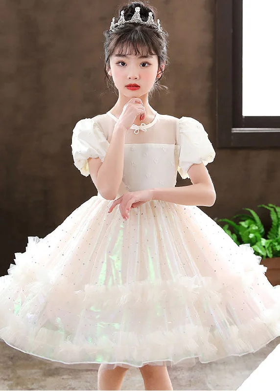 Odd Size Clearance Sale Cute White Puff Sleeve Floral Tulle Kids Girls Dress Summer