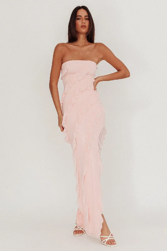 Limited Stock, Big Discounts Just Friends Strapless Ruffle Maxi Dress Light Pink