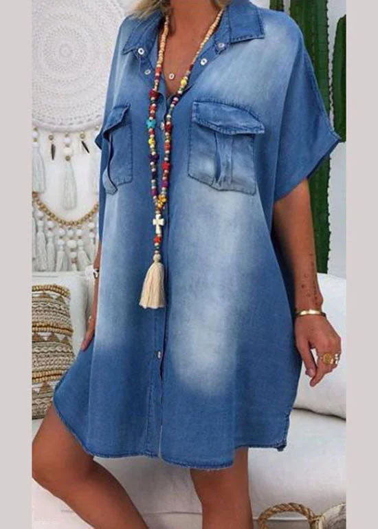 Trendy Styles Modern Blue Peter Pan Collar Patchwork Denim Shirts Dress Summer