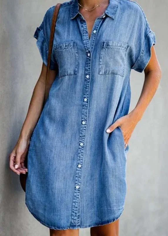 Women's Online Clothing Boutique Diy Blue Peter Pan Collar Pockets Denim Shirt Dress Summer