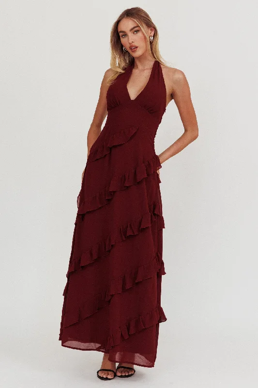 Affordable Fashion for Women Flirt Frill Trim Halter Maxi Dress Wine