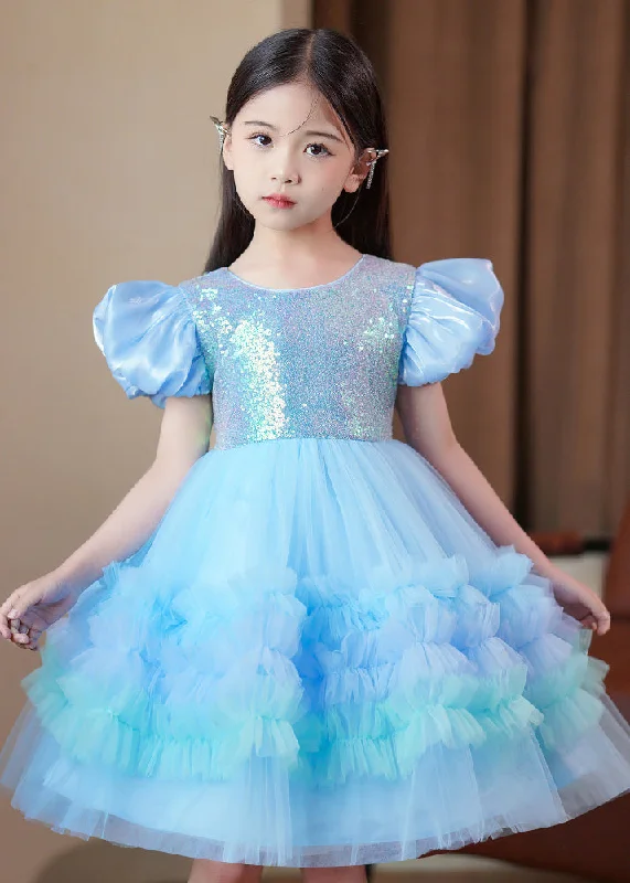 Clothes Sales Elegant Blue Ruffled Tulle Kids Girls Long Dress Puff Sleeve