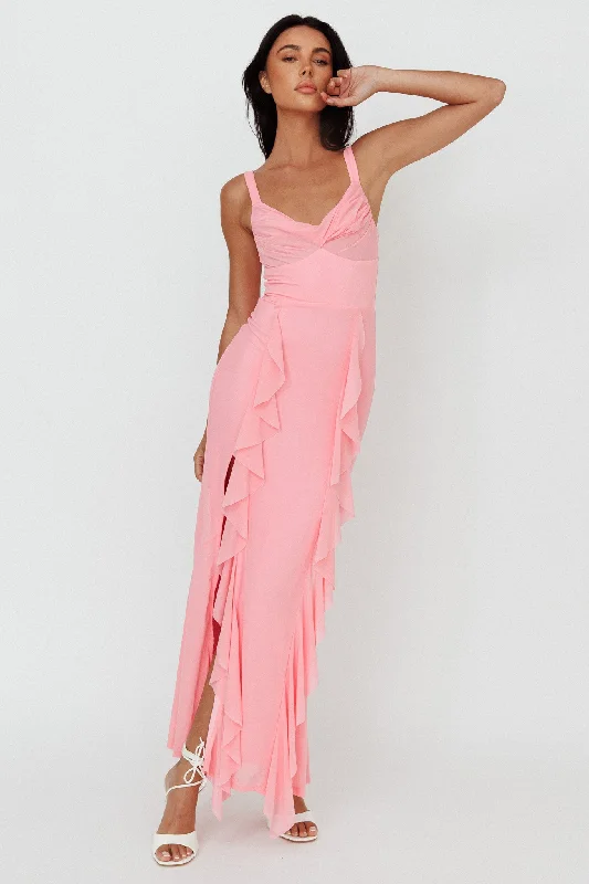 Women's Activewear for Exercise and Sports Hollianna Ruffle Trim Split Maxi Dress Blush