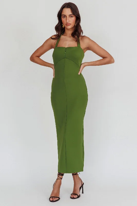 Trendy Urban Attire Goldfoil Halter Neck Maxi Dress Olive