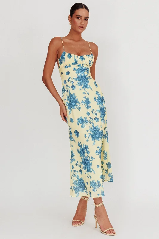 Travel Essentials Nerida Low Back Twist Floral Maxi Dress Yellow