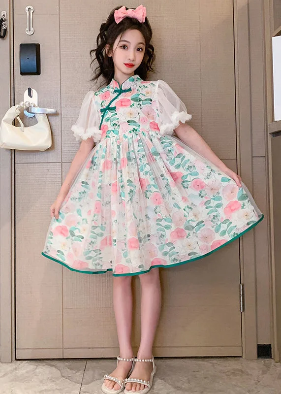 Wardrobe Upgrade Beautiful Stand Collar Tulle Patchwork Button Girls Mid Dress Summer