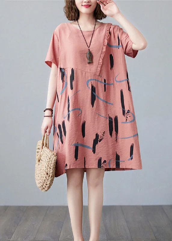 Women Online Clothing Boutiques Women Orange O Neck Print Patchwork Cotton Mid Dress Summer