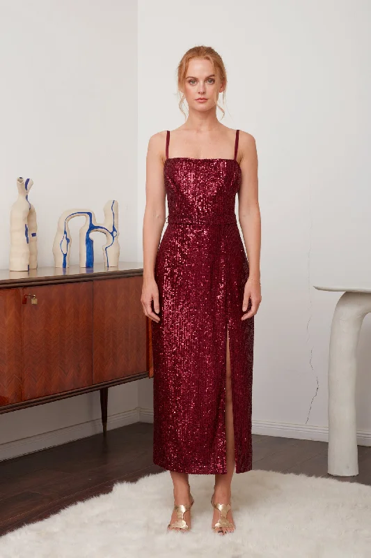 Women's Formal Wear CHLOE deep red sequin open back cocktail dress