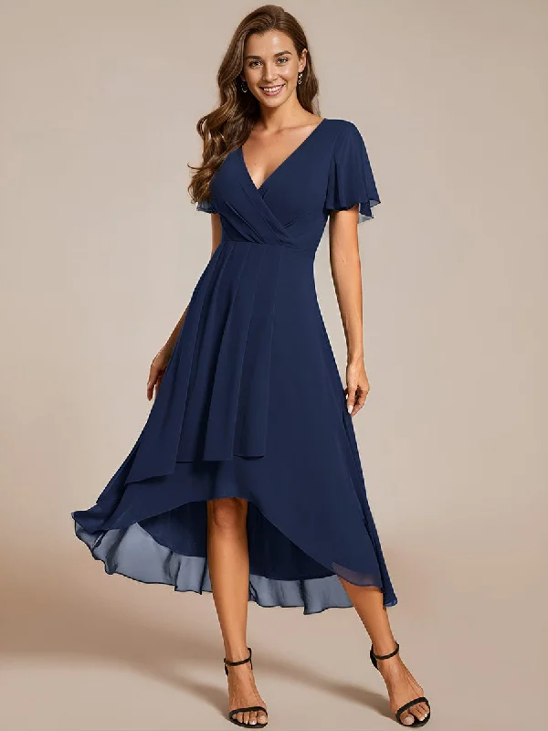 Quality Driven Apparel Lana | Ruffles Sleeve Pleated V-Neck A-Line Midi Chiffon Wedding Guest Dress