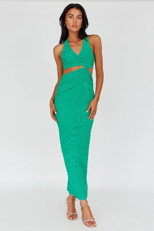 Luxury Women's Fashion Giulia Cut-out Ribbed Halterneck Midi Dress Green