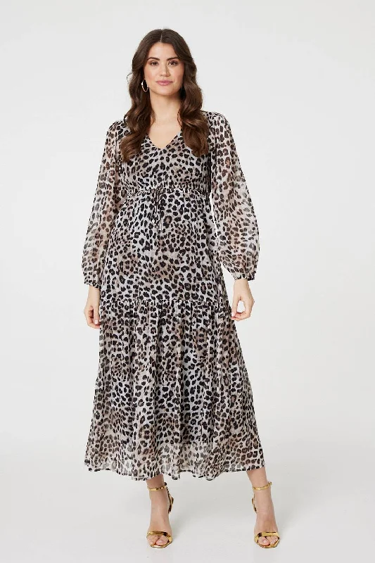 New Styles Just In Animal Print Semi Sheer Tiered Maxi Dress