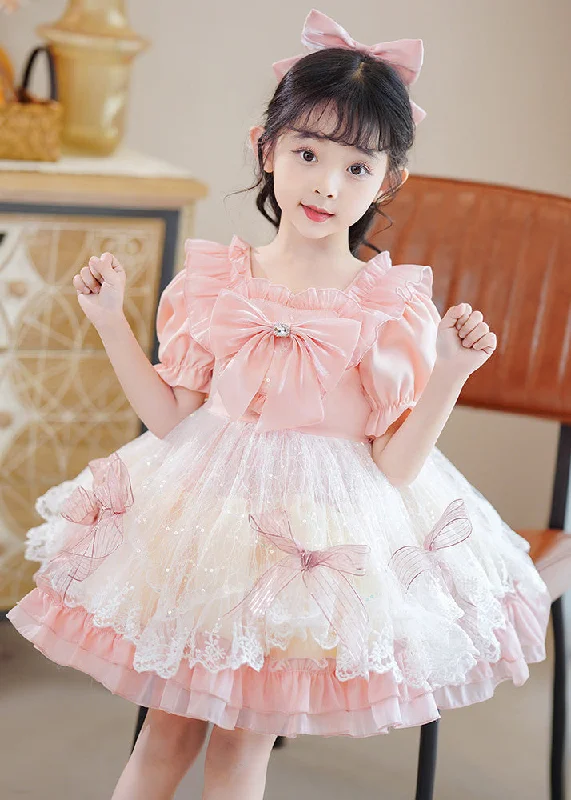 Clothing For Women Cute Pink Square Collar Patchwork Bow Kids Mid Dresses Short Sleeve