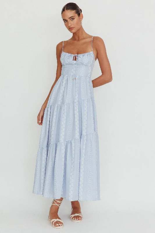 Trendy Street Style Attire Doe Tied Bust Maxi Dress Blue