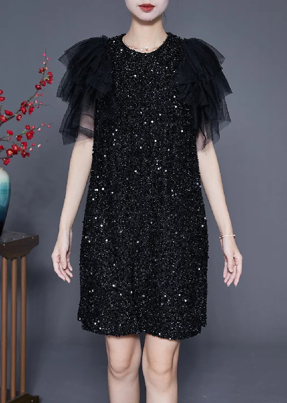 The Latest Fashion Trends Chic Black Sequins Patchwork Mid Dress Vestidos Summer